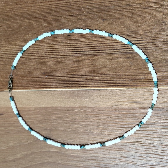 White and Turquoise Beaded Necklace, Handmade Men's Necklace, White - Picture 5 of 6